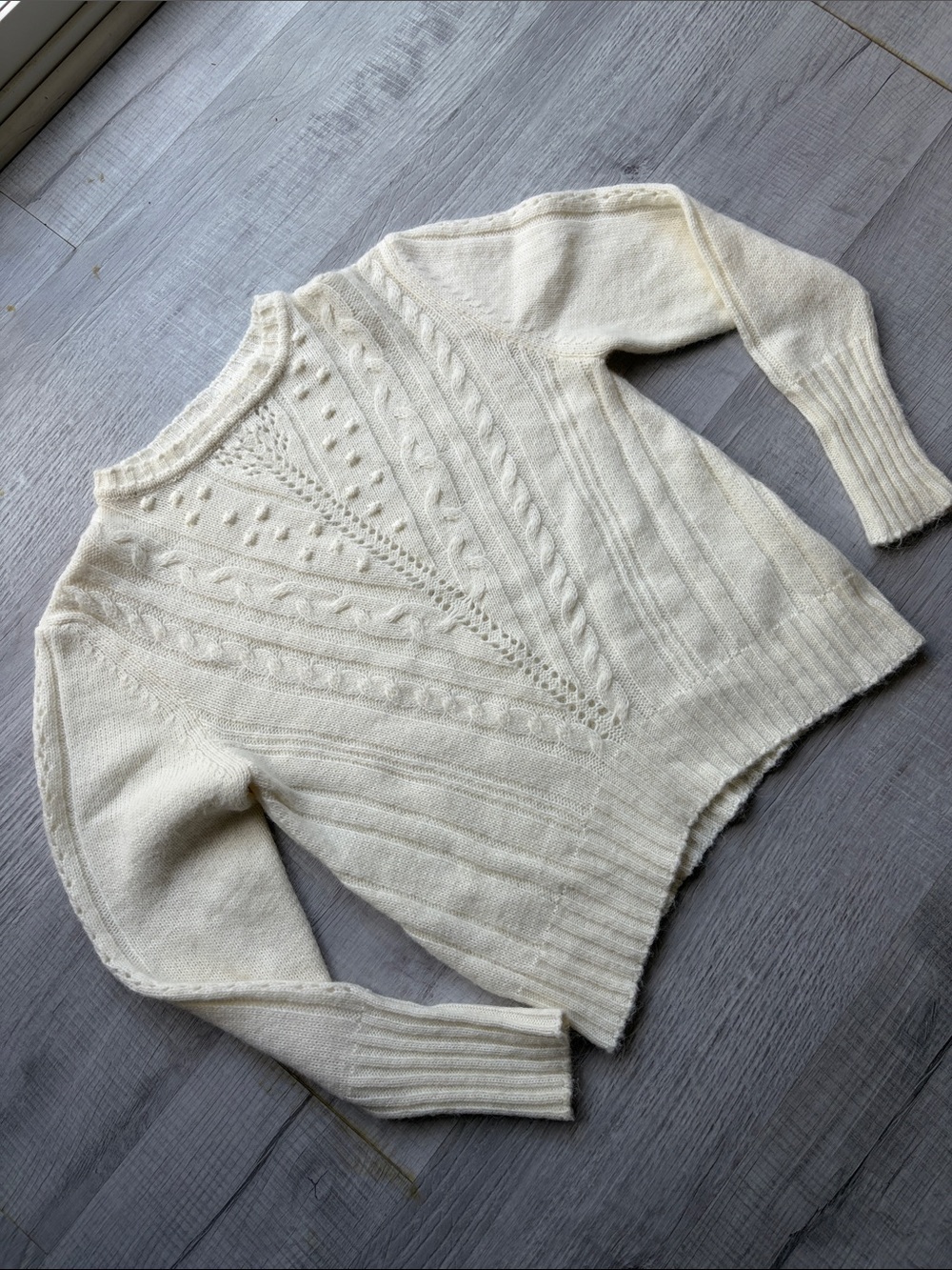 Monoprix/Premium Ivory Textured Cable Crewneck Sweater, Size M.